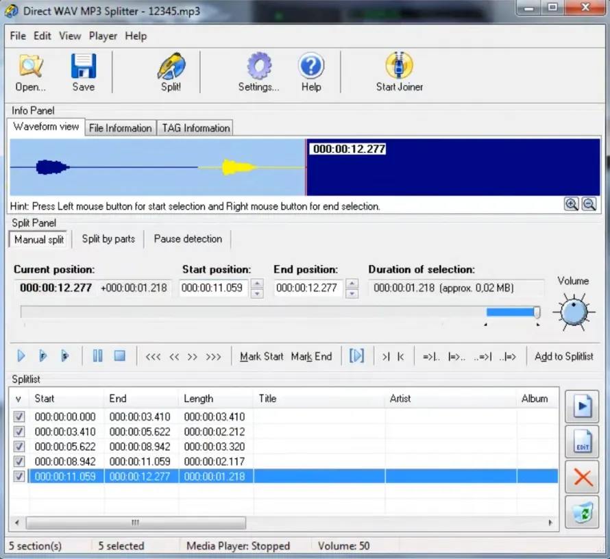Скриншот Direct WAV MP3 Splitter
